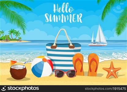 Summer accessories for the beach with yachts. Bag, sunglasses, flip flops, starfish, ball. Against the background of the sun the sea and palm trees. Vector illustration in flat style. Summer accessories for the beach.