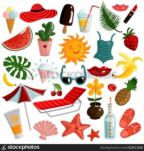 Summer Accessories Set. Set of summer accessories with sunbed, umbrella, sunscreen, swimsuit, ice cream, fruits, palm leaves isolated vector illustration