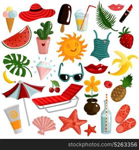 Summer Accessories Set. Set of summer accessories with sunbed, umbrella, sunscreen, swimsuit, ice cream, fruits, palm leaves isolated vector illustration