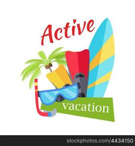 Summer active vacation concept banner. Flat design vector illustration. Set of things for active rest on seacost. Diving mask, fins, surfboard, palm tree on white background.