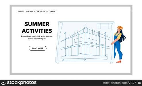 Summer Activities Builder For Build Ranch Vector. Young Woman Engineer Summer Activities, Engineering And Building Villa In Countryside. Character Engineer Web Flat Cartoon Illustration. Summer Activities Builder For Build Ranch Vector