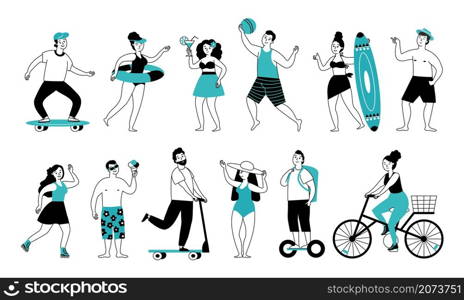 Summer activities characters. City walk life, young woman drink cartoon. Active person, female on bicycle. Sport on beach or park decent vector set. Activity summer sport and outdoor exercise. Summer activities characters. City walk life, young woman drink cartoon. Active person, female on bicycle. Sport on beach or park decent vector set