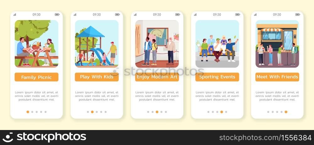 Summer activities in public places onboarding mobile app screen vector template. Recreation in cities. Family picnic. Walkthrough website steps with flat characters. Smartphone cartoon UX, UI, GUI. Summer activities in public places onboarding mobile app screen vector template