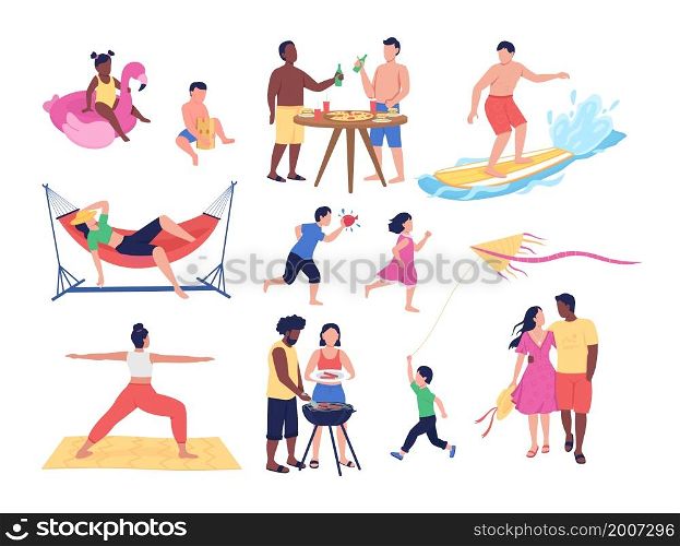 Summer activities semi flat color vector character set. Posing figures. Full body people on white. Beach isolated modern cartoon style illustration for graphic design and animation collection. Summer activities semi flat color vector character set