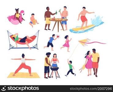 Summer activities semi flat color vector character set. Posing figures. Full body people on white. Beach isolated modern cartoon style illustration for graphic design and animation collection. Summer activities semi flat color vector character set
