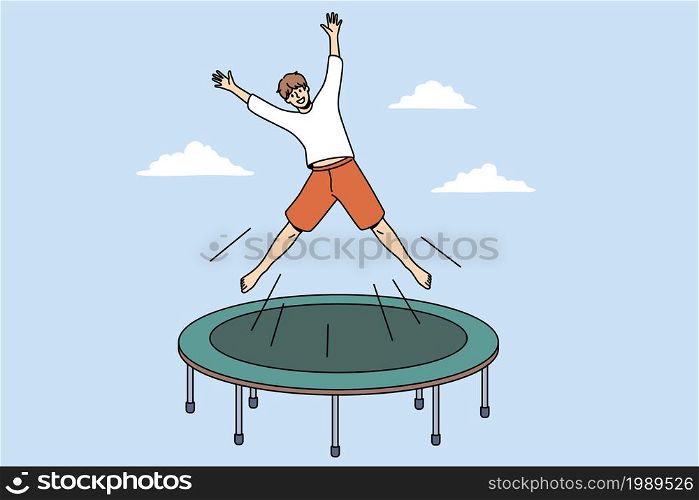 Summer activity and leisure concept. Smiling excited boy cartoon character jumping on trampoline outdoors feeling playful vector illustration. Summer activity and leisure concept