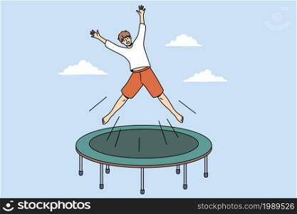 Summer activity and leisure concept. Smiling excited boy cartoon character jumping on trampoline outdoors feeling playful vector illustration. Summer activity and leisure concept