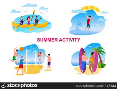 Summer Activity Cartoon Set with Resting People. Tourists Rowing, Parasailing, Playing Beach Volleyball, Ready to Catch Wave on Surfboard. Vector Flat Illustration. Vacation on Tropical Island. Summer Activity Cartoon Set with Resting People