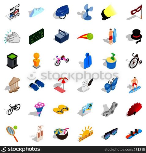 Summer activity icons set. Isometric style of 36 summer activity vector icons for web isolated on white background. Summer activity icons set, isometric style