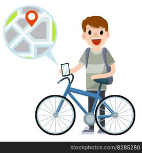 Summer activity. Man riding bike. Bicycle with guy with backpack. Healthy lifestyle. Cartoon flat illustration. Urban transport. Hobby and sport. City map and navigation. Modern technology. Young boy. Summer activity. Man riding bike.