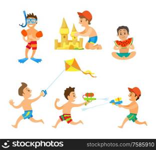 Summer activity set of boys playing water game, running with kite, eating watermelon, making sand castle and wearing underwater equipment isolated vector. Boy Playing Games, Summer Activity on Beach Vector