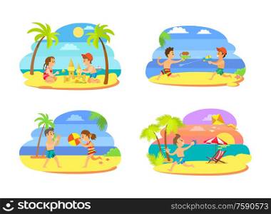 Summer activity set of teenagers on beach, playing volleyball, running with kite and squirts, making sand castle. Portrait view of children vector. Childrens Activities on Beach Summertime Vector