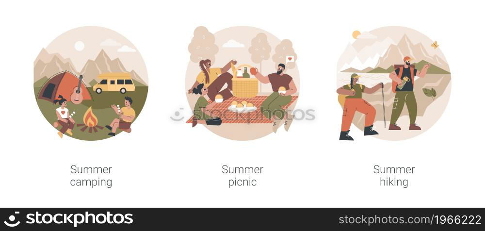 Summer adventure abstract concept vector illustration set. Summer camping, picnic and hiking, national park, scout program, survival skills, leisure time, family eating outdoors abstract metaphor.. Summer adventure abstract concept vector illustrations.