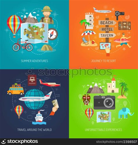 Summer adventure journey to resort and travel around world flat color decorative icon set isolated vector illustration. Travel Flat Decorative Icon Set