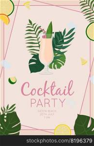 Summer alcoholic drink, tropical cocktail. Pina colada. Beach party concept. Beautiful greeting card, invitation for summer party. Flat vector illustration. Summer alcoholic drink, tropical cocktail. Pina colada. Beach party concept. Beautiful greeting card, invitation for summer party. Flat vector illustration.