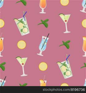 Summer alcoholic drinks seamless pattern, tropical cocktails. Flat vector illustration.. Summer alcoholic drinks seamless pattern, tropical cocktails. Flat vector illustration