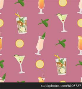 Summer alcoholic drinks seamless pattern, tropical cocktails. Flat vector illustration.. Summer alcoholic drinks seamless pattern, tropical cocktails. Flat vector illustration