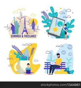 Summer and Freelance, Distant Work and Travel Cards Set. Cartoon Man Designer or Programmer Working Remotely on Laptop in Park. Flat Woman Presenting New Project on Tablet. Vector Illustration. Summer and Freelance, Work and Travel Cards Set
