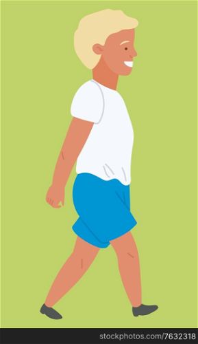 Summer and nature, boy child walking on grass. Kid in t-shirt and shorts outdoors, countryside or farmland, male character on meadow, suburbs. Vector illustration in flat cartoon style. Boy Child Walking on Grass, Summer and Nature