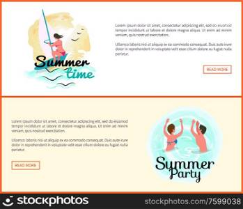 Summer and summertime relaxation vector, people swimming in water, lady windsurfing. Active hobby of female, seagulls birds in sky, website with text. Summer Holidays Vacation, Activities of People Web