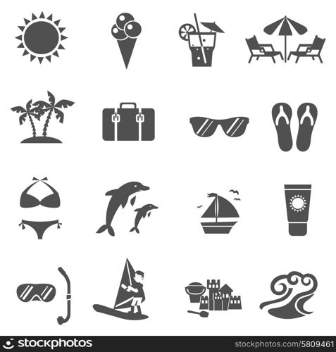 Summer And Travel Icons Set. Summer and travel black white icons set with surfing yacht and palms flat isolated vector illustration