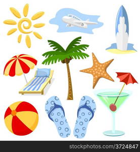 Summer and travel symbols vector set in cartoon style. No effects or gradients.