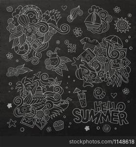 Summer and vacation chalkboard hand drawn vector symbols and objects. Summer and vacation chalkboard vector symbols