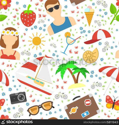 Summer and vacation concept background with flowers beach and yacht flat vector illustration. Summer and vacation background