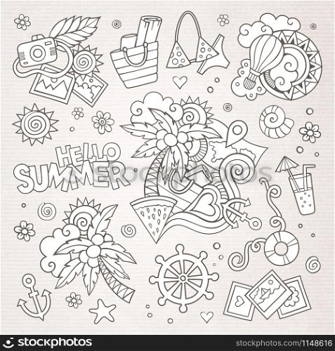 Summer and vacation hand drawn vector symbols and objects. Summer and vacation symbols and objects