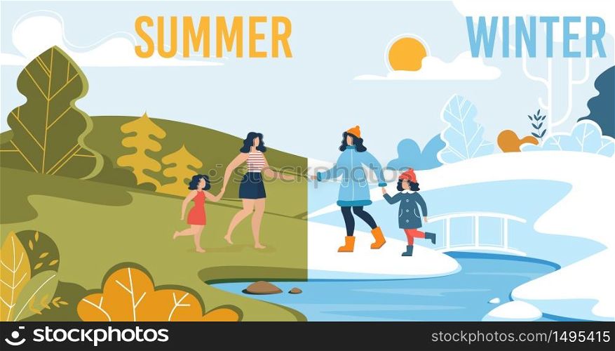 Summer and Winter Flat Set. Cartoon Family Characters Rest near River. Cold and Winter Weather. Hot and Frost Air. Snow and Green Nature. Mother and Daughter in Forest. Vector Illustration. Summer and Winter Family Rest near River Flat Set