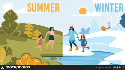 Summer and Winter Flat Set. Cartoon Family Characters Rest near River. Cold and Winter Weather. Hot and Frost Air. Snow and Green Nature. Mother and Daughter in Forest. Vector Illustration. Summer and Winter Family Rest near River Flat Set