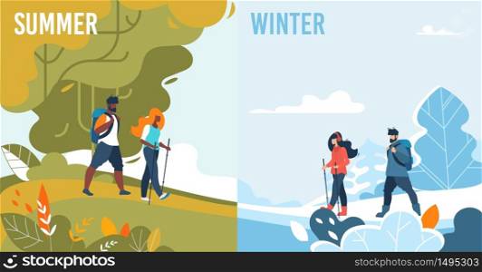 Summer and Winter Set. Seasonal Activities for People. Sport and Leisure. Mountaineering and Hiking, Walking and Trekking. Snow Hills and Green Highland. Cold and Warm Weather. Vector Illustration. Summer Winter Set with Seasonal People Activities