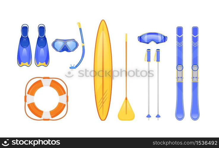 Summer and winter sports gear flat color vector objects set. Scuba diving. Skiing sticks. Life, ring buoy. Seasonal travel equipment. 2D isolated cartoon illustration on white background. Summer and winter sports gear flat color vector objects set