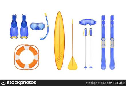 Summer and winter sports gear flat color vector objects set. Scuba diving. Skiing sticks. Life, ring buoy. Seasonal travel equipment. 2D isolated cartoon illustration on white background. Summer and winter sports gear flat color vector objects set