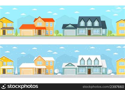 Summer and Winter town. Urban winter and summer landscape. Vector illustration, flat style. For web design and application interface, also useful for infographics. Seamless Neighborhood with homes in winter and summer time. Christmas background.. Summer and Winter town.