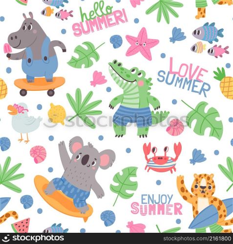 Summer animal surfers and tropical leaves seamless pattern. Crocodile, koala with surfboard, crab, fish and hippo on skate, kid vector print. Characters having vacation activities textile. Summer animal surfers and tropical leaves seamless pattern. Crocodile, koala with surfboard, crab, fish and hippo on skate, kid vector print