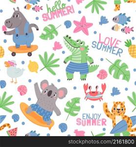 Summer animal surfers and tropical leaves seamless pattern. Crocodile, koala with surfboard, crab, fish and hippo on skate, kid vector print. Characters having vacation activities textile. Summer animal surfers and tropical leaves seamless pattern. Crocodile, koala with surfboard, crab, fish and hippo on skate, kid vector print