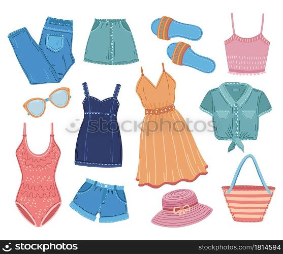 Summer apparel. Fashion clothes, woman outfit short jeans shirt. Clothing pack, trendy season female swimsuit accessories vector set. Summer feminine apparel, casual wear and flip flops illustration. Summer apparel. Fashion clothes, woman outfit short jeans shirt. Clothing pack, trendy season female swimsuit accessories exact vector set