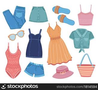 Summer apparel. Fashion clothes, woman outfit short jeans shirt. Clothing pack, trendy season female swimsuit accessories vector set. Summer feminine apparel, casual wear and flip flops illustration. Summer apparel. Fashion clothes, woman outfit short jeans shirt. Clothing pack, trendy season female swimsuit accessories exact vector set