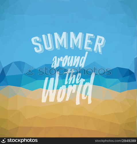 Summer around the World. Poster on tropical beach background. Vector eps10.