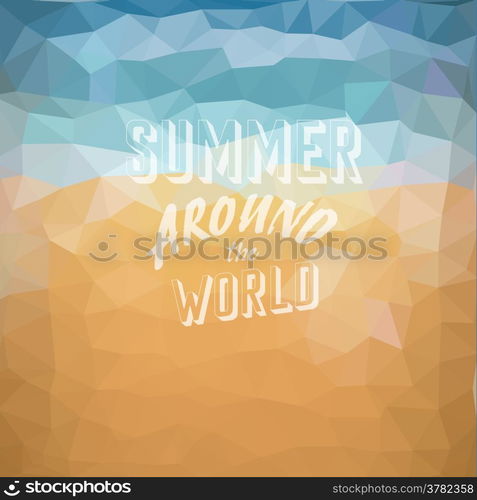 Summer around the World. Poster on tropical beach background. Vector eps10.