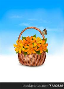 Summer background. Basket full of flowers and a butterfly. Vector.