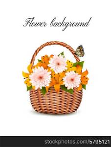 Summer background. Basket full of flowers and a butterfly. Vector.