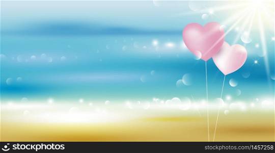 Summer background design of heart balloons on the beach with bokeh light vector illustration