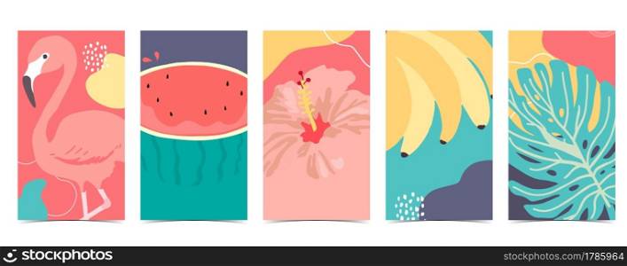 summer background for social media.Set of instagram story with flamingo,watermelon,banana