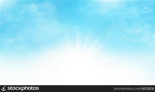 Summer background of sunburst blue sky wide scene artwork. You can use for ad, poster, cloudy day print, cover design.