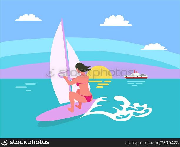 Summer background, sun and windsurfing woman, female surfing, waves and sunset, ship vector. Person on board wearing swimsuit, surforboarder on vocation. Summer Background, Sun and Windsurfing Woman