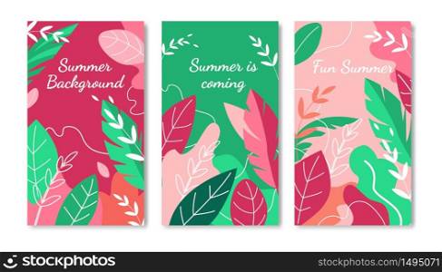 Summer Background Vertical Banners Set. Colorful Tree Leaves and Branches in Doodle Style, Nature Texture for Summertime Sale Flyer, Promo Ad Poster, Invitation, Greeting Card. Vector Illustration. Summer Background Vertical Banners Set. Ad Poster