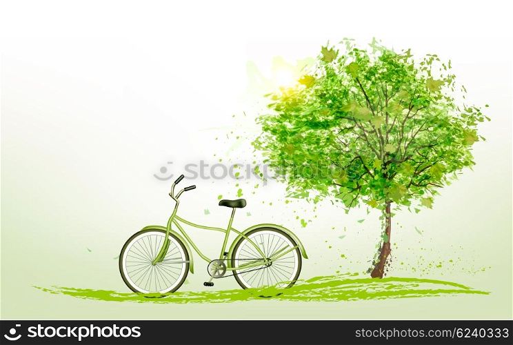 Summer background with a green tree and a bike. Vector.
