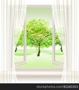 Summer background with an open window and green trees. Vector.
